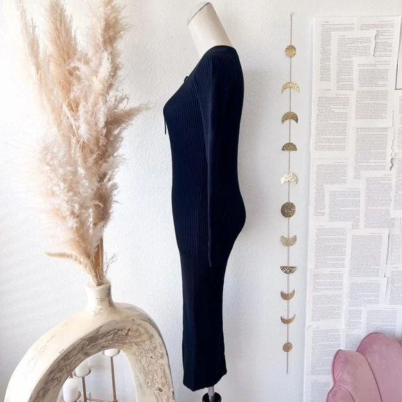 ZARA Black Ribbed Knit Lace Up V Neck Calf Length Long Sleeve Dress - Picture 8 of 11